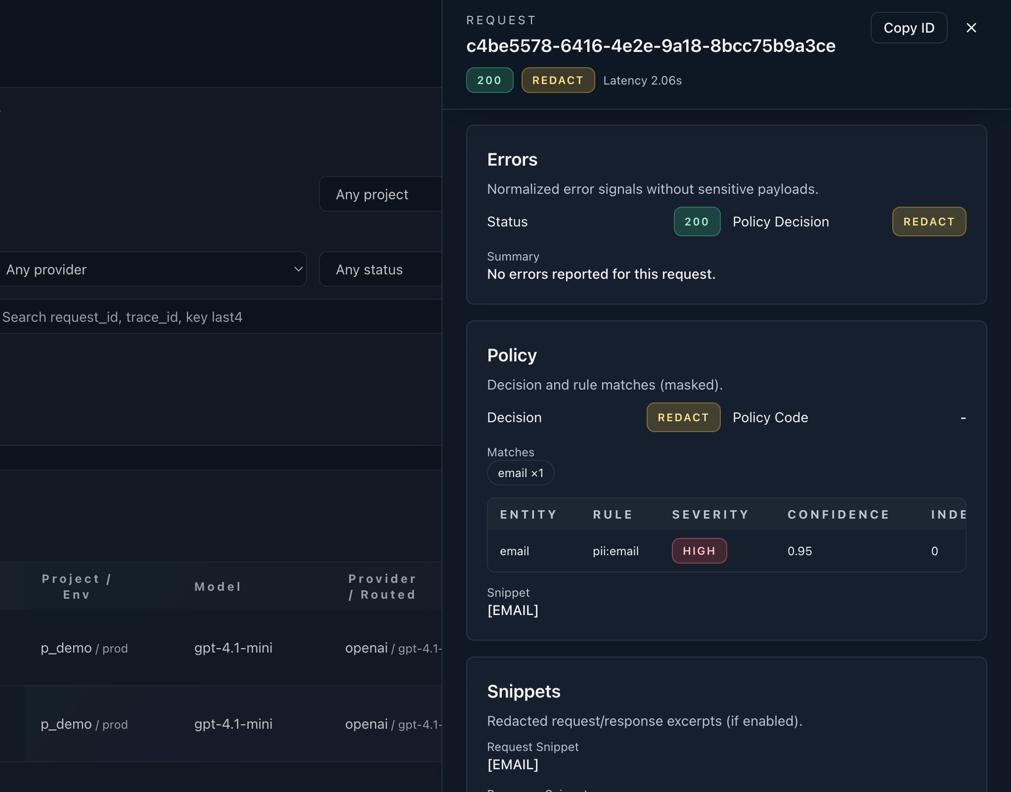 Policy decision console showing allow, block, and redact flows in Sentinel AI Gateway.